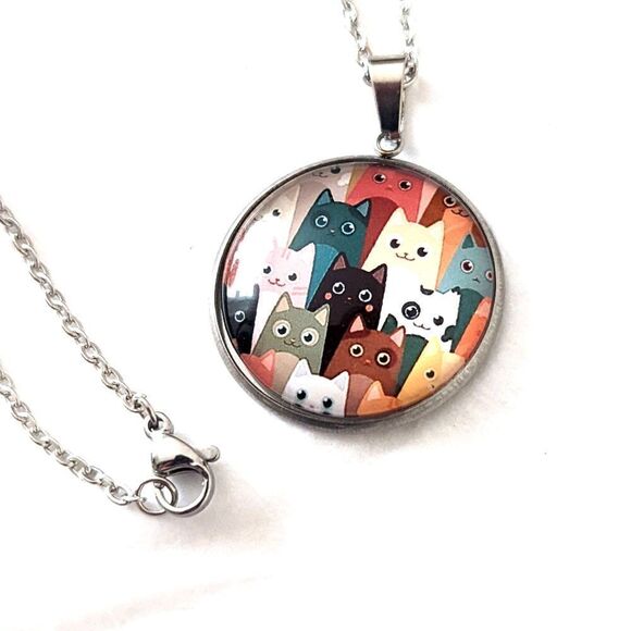 Cats Cartoon Theme Hand Crafted Stainless Steel Charm and Necklace - Picture 1 of 6